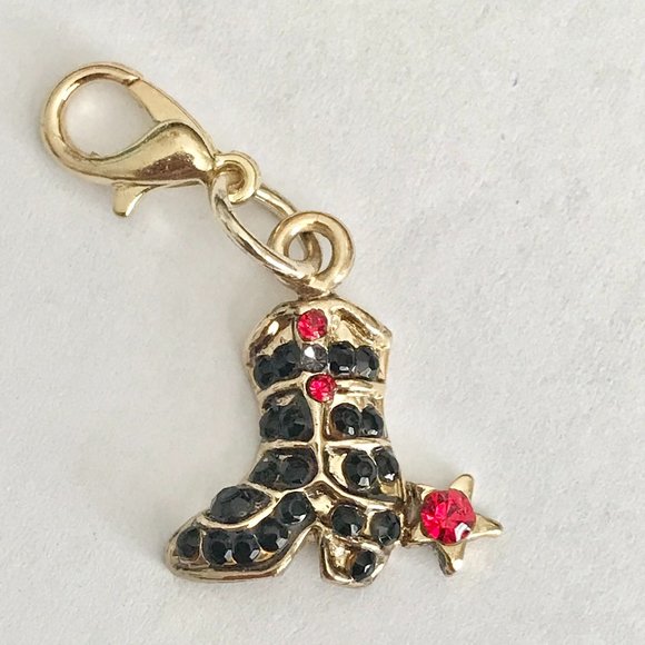 Vintage Cowboy Boot Charm Crystal Gold Plated Clip On Zipper Pull Purse Cowgirl - Picture 2 of 6